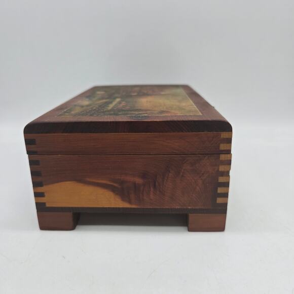 Vintage Wood Jewelry Trinket Box with Hinged Cottage Scene Lid Brown - Picture 6 of 10